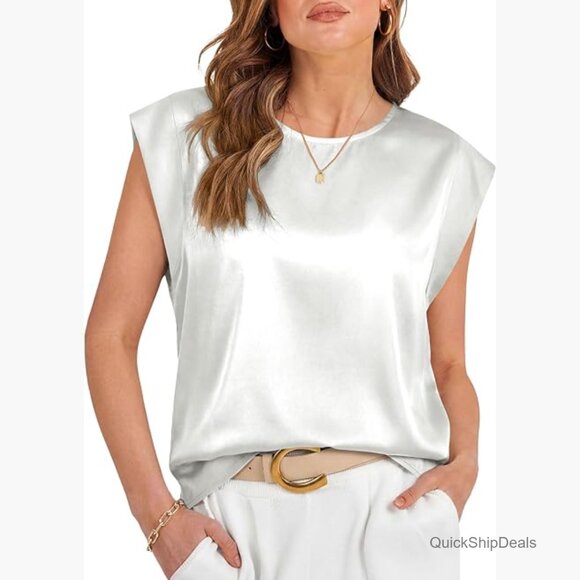 Tops - Silk Satin Cap Sleeve Tank Top Loose Fit Business Casual Blouse